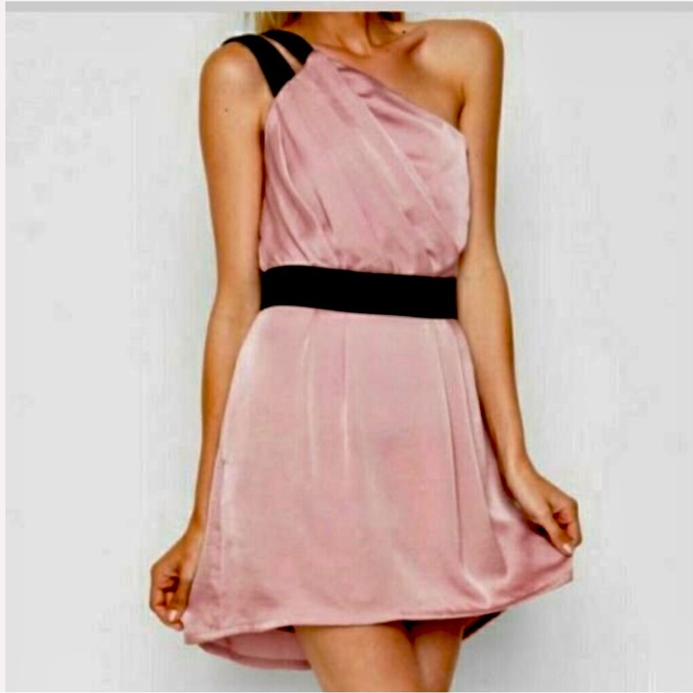 BCBGeneration One Shoulder Pink Mini with Pleated Shoulder Fan Black Straps ZB4